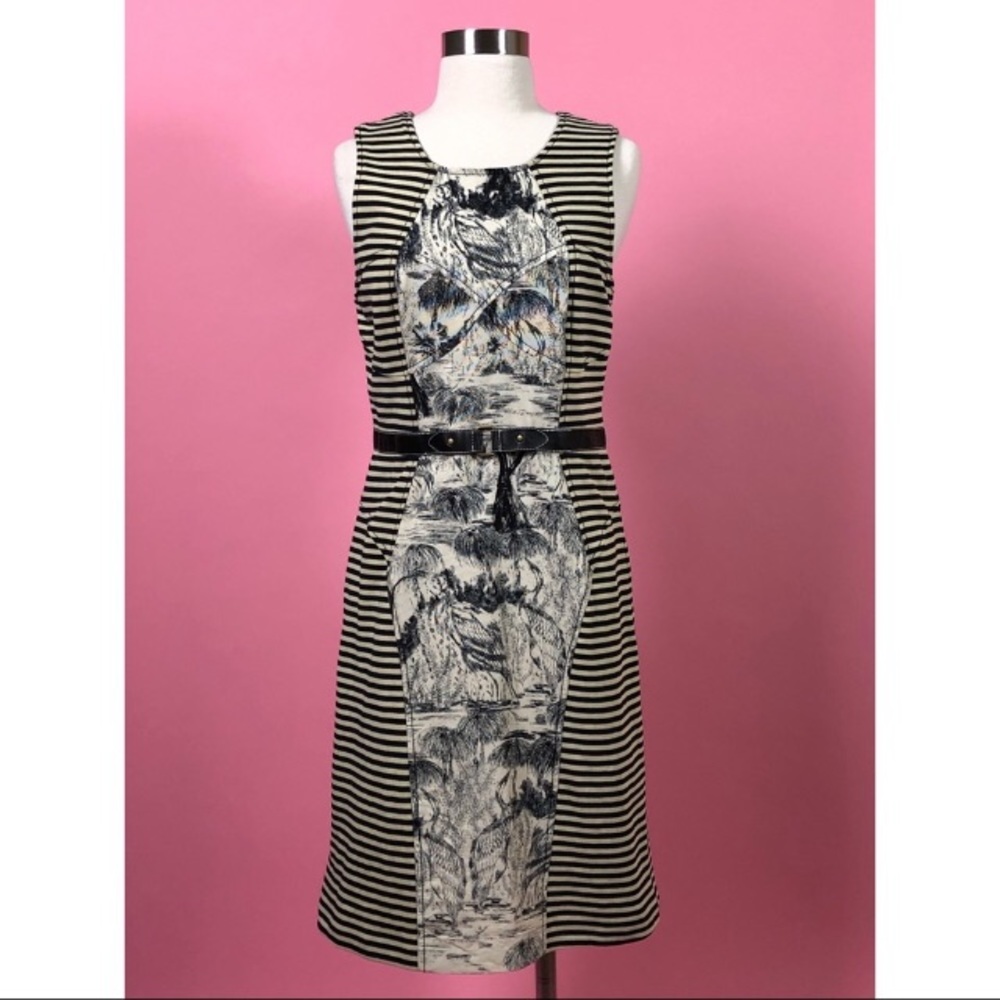 Tracy Reese French toile stripe floral white cream belted sheath-dress 1…